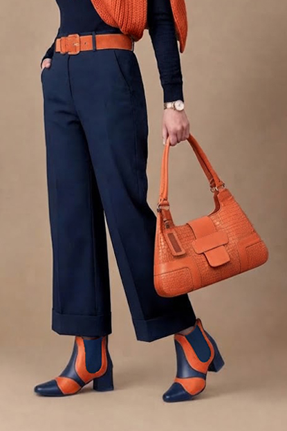 Women's navy blue and clementine orange two-tone chelsea boots with round toe and low flared heel - Worn view